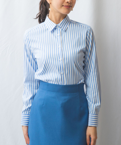 NARACAMICIE（ナラカミーチェ）の「【NARACAMICIE】ストレッチストライプ長袖シャツ（シャツ/ブラウス・レディース・ブルー/ピンク/グリーン/サーモンピンク・L/XL/M）」の8枚目の写真