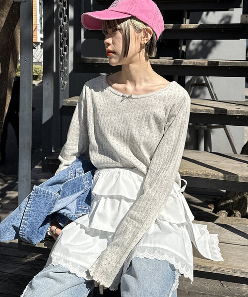 w closet(ダブルクローゼット)の「パターンメッシュロンT(Tシャツ/カットソー・レディース・アイボリー/オフホワイト/グレー・FREE)」の3枚目の写真