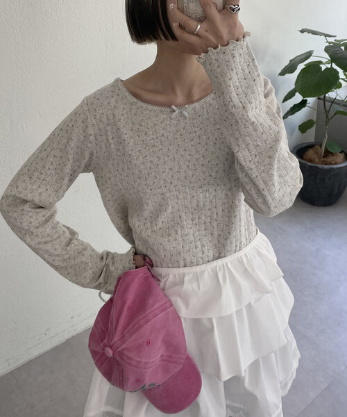 w closet(ダブルクローゼット)の「パターンメッシュロンT(Tシャツ/カットソー・レディース・アイボリー/オフホワイト/グレー・FREE)」の16枚目の写真