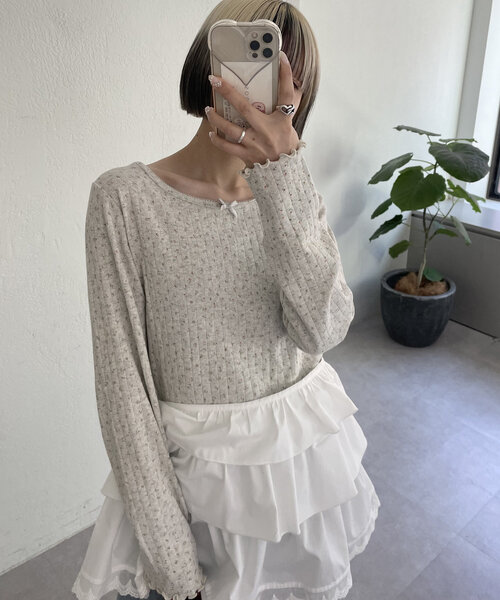 w closet(ダブルクローゼット)の「パターンメッシュロンT(Tシャツ/カットソー・レディース・アイボリー/オフホワイト/グレー・FREE)」の17枚目の写真