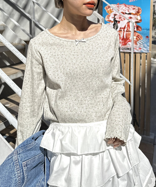 w closet(ダブルクローゼット)の「パターンメッシュロンT(Tシャツ/カットソー・レディース・アイボリー/オフホワイト/グレー・FREE)」の18枚目の写真