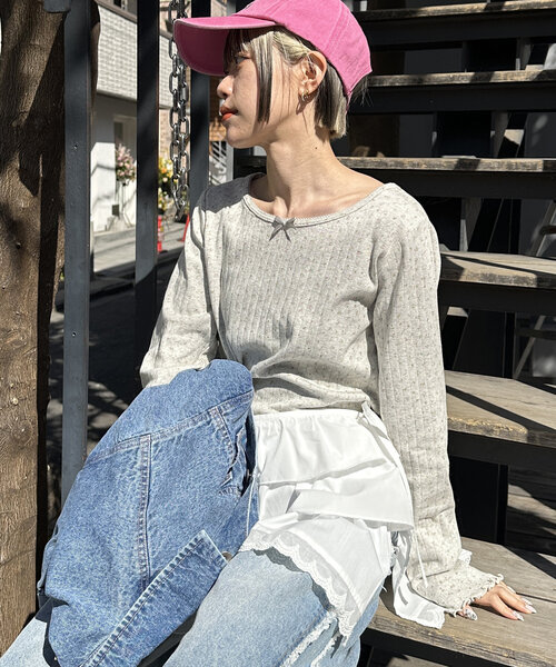 w closet(ダブルクローゼット)の「パターンメッシュロンT(Tシャツ/カットソー・レディース・アイボリー/オフホワイト/グレー・FREE)」の21枚目の写真