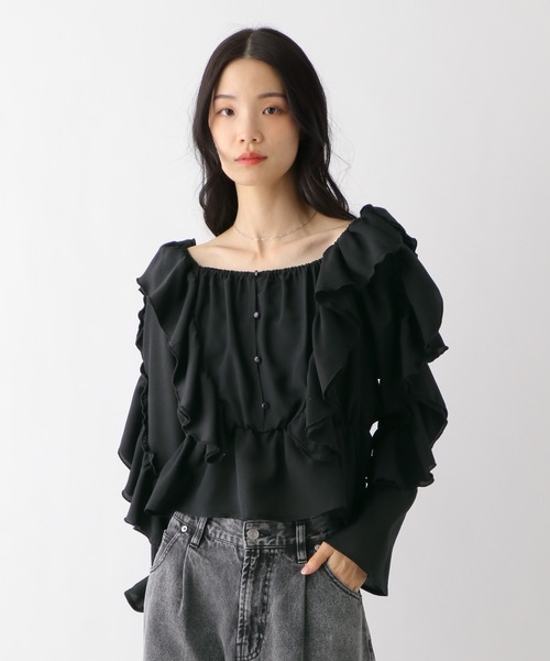 7分袖 ファッション DOMELLE シャツ ブラウス ラッフルスリーブ