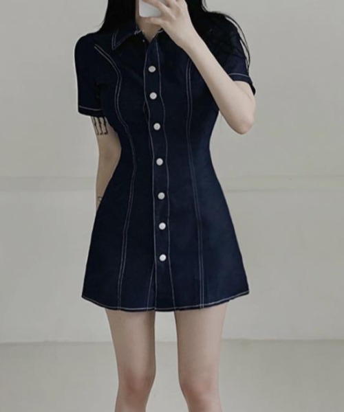 Mejoul(メジュール)の「ウエストフィットデニムミニワンピース(シャツワンピース・レディース・ブルー/ブラック・F)」の6枚目の写真