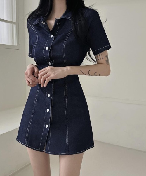 Mejoul(メジュール)の「ウエストフィットデニムミニワンピース(シャツワンピース・レディース・ブルー/ブラック・F)」の4枚目の写真