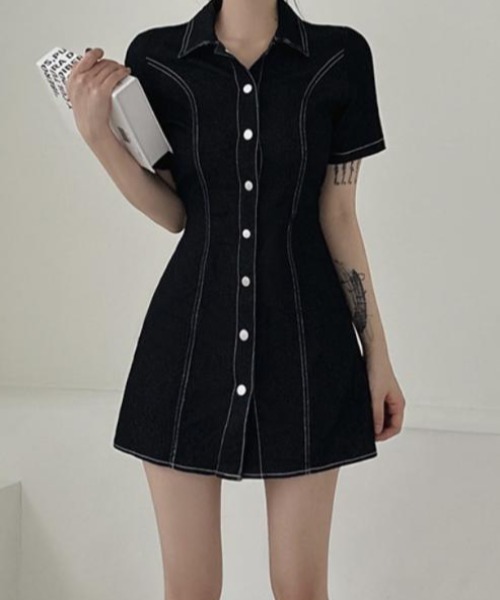 Mejoul(メジュール)の「ウエストフィットデニムミニワンピース(シャツワンピース・レディース・ブルー/ブラック・F)」の9枚目の写真