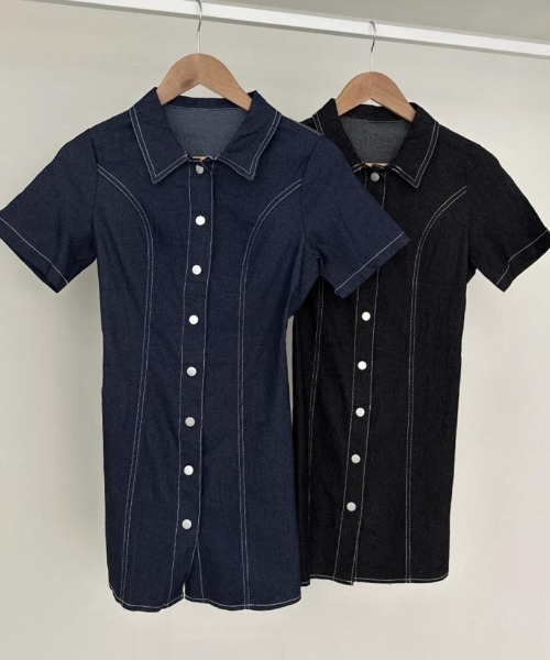 Mejoul(メジュール)の「ウエストフィットデニムミニワンピース(シャツワンピース・レディース・ブルー/ブラック・F)」の13枚目の写真