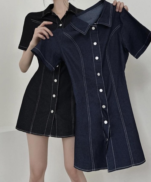 Mejoul(メジュール)の「ウエストフィットデニムミニワンピース(シャツワンピース・レディース・ブルー/ブラック・F)」の10枚目の写真