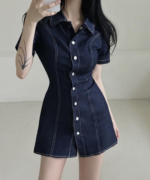 Mejoul(メジュール)の「ウエストフィットデニムミニワンピース(シャツワンピース・レディース・ブルー/ブラック・F)」の17枚目の写真