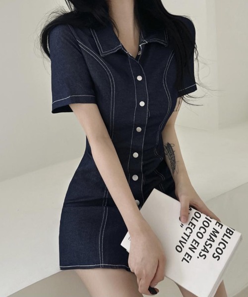 Mejoul(メジュール)の「ウエストフィットデニムミニワンピース(シャツワンピース・レディース・ブルー/ブラック・F)」の16枚目の写真