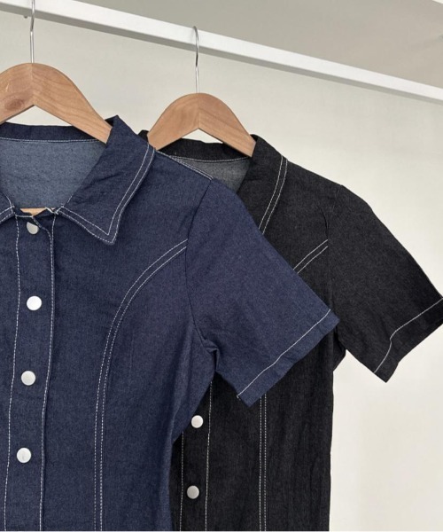 Mejoul(メジュール)の「ウエストフィットデニムミニワンピース(シャツワンピース・レディース・ブルー/ブラック・F)」の12枚目の写真