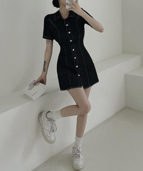 Mejoul(メジュール)の「ウエストフィットデニムミニワンピース(シャツワンピース・レディース・ブルー/ブラック・F)」の7枚目の写真