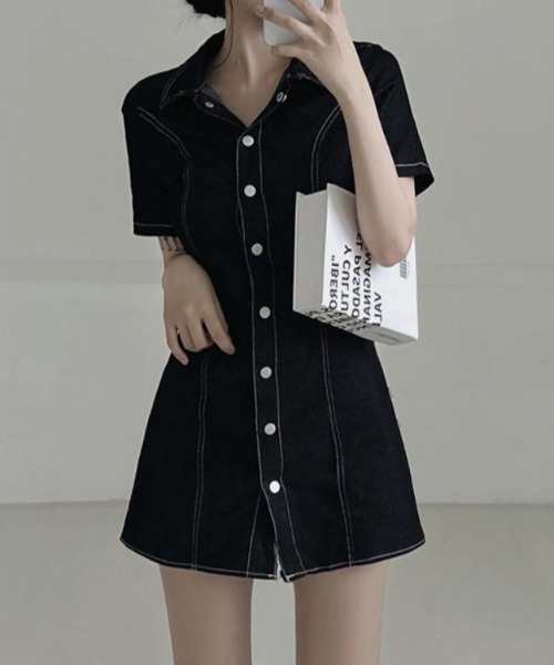 Mejoul(メジュール)の「ウエストフィットデニムミニワンピース(シャツワンピース・レディース・ブルー/ブラック・F)」の8枚目の写真