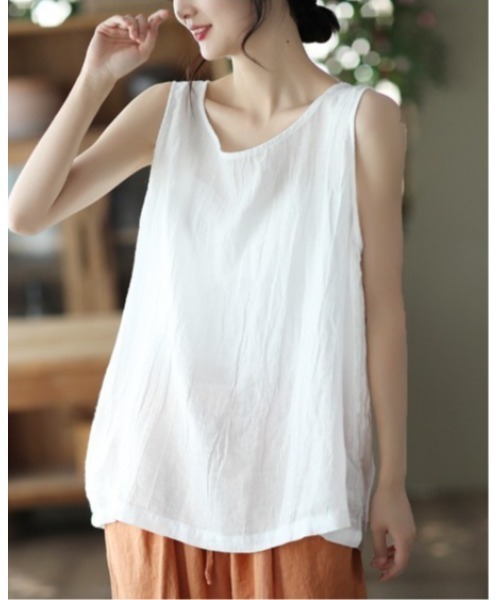 BLANC FICELLE(ブランフィセル)の「大人のナチュラル服◇シワ加工タンクトップ(タンクトップ・レディース・ピンク/ホワイト/グレー/ブラック/イエロー×グリーン・M/L/XL)」の2枚目の写真