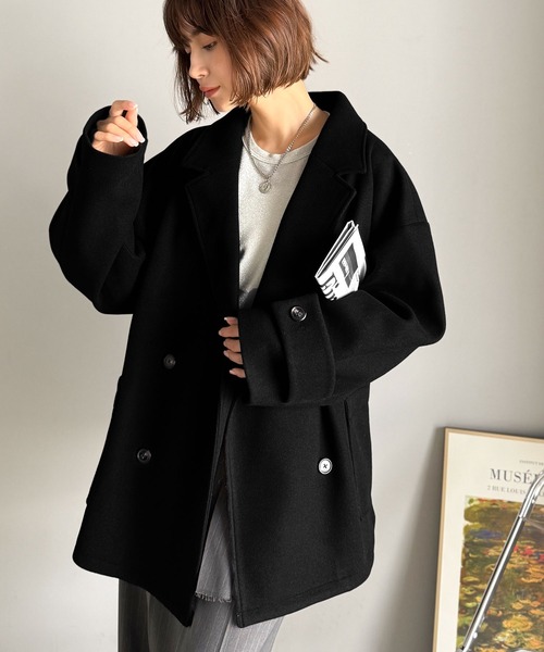 シェラック カシミヤ 混 ウール チェスター コート 黒 レオパード メルトン セール】トレンドを先取り♪こなれ感UP、ダブルボタンジャケット