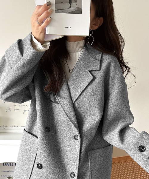 classicalelf(クラシカルエルフ)の「トレンドを先取り♪こなれ感UP、ダブルボタンジャケットメルトンコート(ミドル丈)(チェスターコート・レディース・ダークブラウン/ブラック/杢グレー・SMALL/MEDIUM/LARGE/X-LARGE)」の5枚目の写真