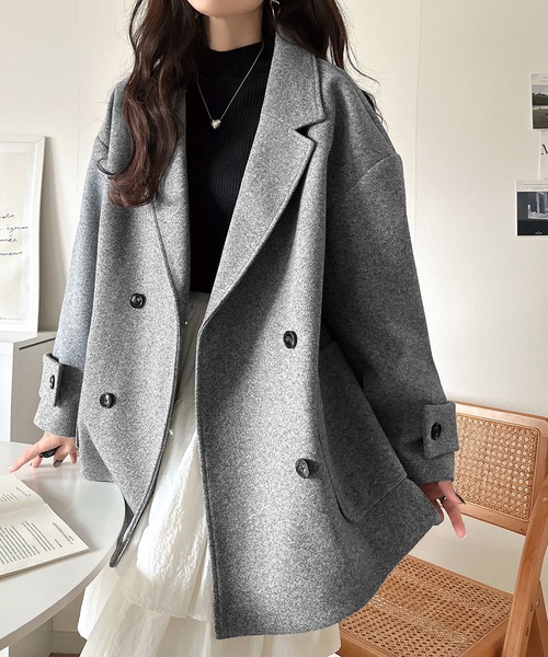 classicalelf(クラシカルエルフ)の「トレンドを先取り♪こなれ感UP、ダブルボタンジャケットメルトンコート(ミドル丈)(チェスターコート・レディース・ダークブラウン/ブラック/杢グレー・SMALL/MEDIUM/LARGE/X-LARGE)」の6枚目の写真