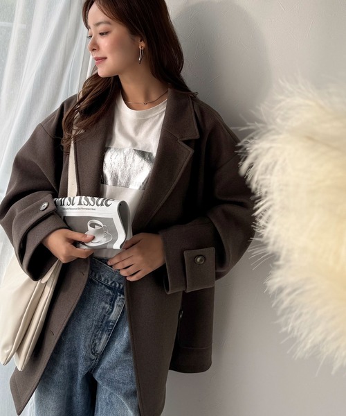 classicalelf(クラシカルエルフ)の「トレンドを先取り♪こなれ感UP、ダブルボタンジャケットメルトンコート(ミドル丈)(チェスターコート・レディース・ダークブラウン/ブラック/杢グレー・SMALL/MEDIUM/LARGE/X-LARGE)」の9枚目の写真