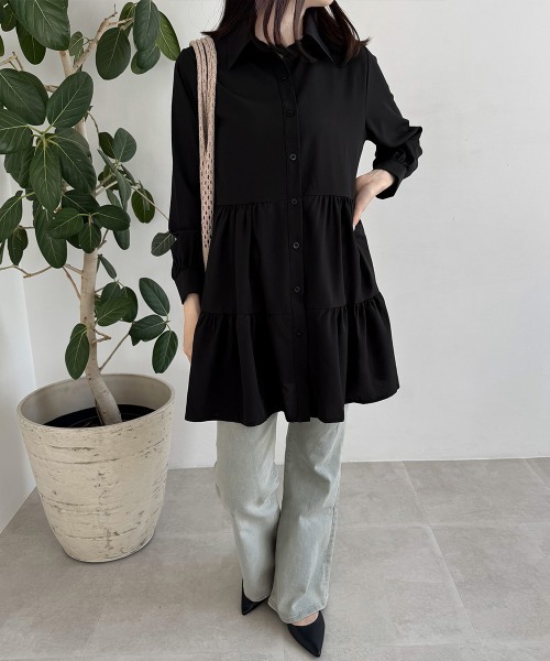 Miniministore（ミニミニストア）の「ティアードチュニックシャツ フレアシャツ（シャツワンピース・レディース・ブラック/ホワイト・M/L）」の12枚目の写真