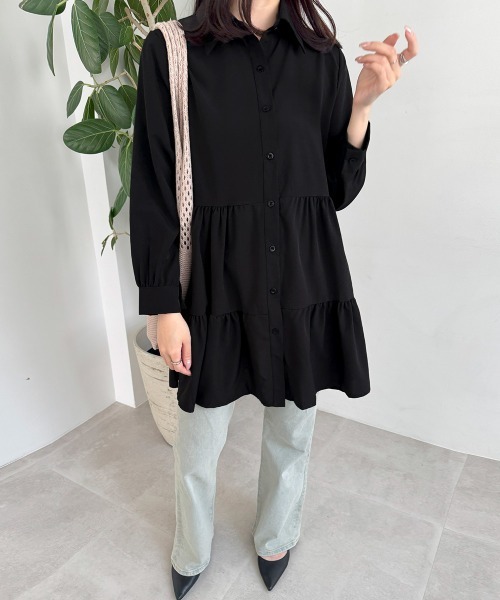Miniministore（ミニミニストア）の「ティアードチュニックシャツ フレアシャツ（シャツワンピース・レディース・ブラック/ホワイト・M/L）」の9枚目の写真