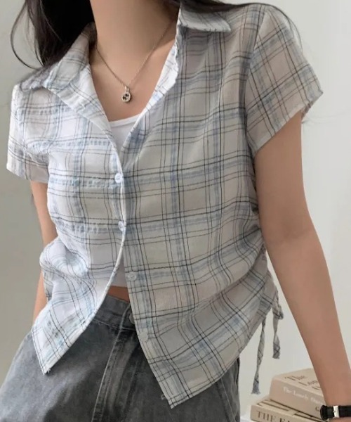 Teem Store(チームストア)の「サイドシャーリングコンパクト シアーチェック半袖シャツ(シャツ/ブラウス・レディース・ホワイト/ネイビー・F)」の6枚目の写真