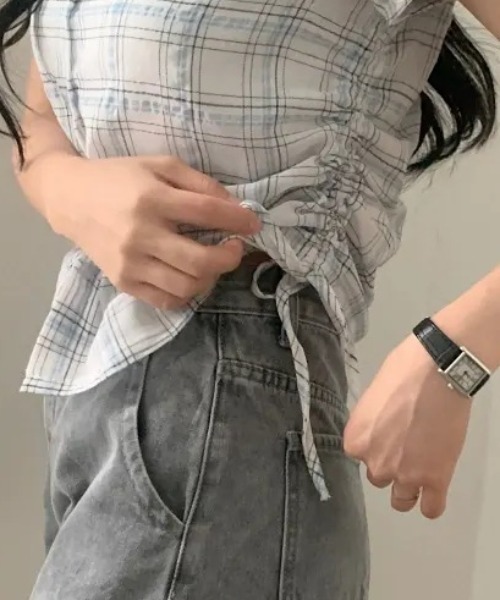 Teem Store(チームストア)の「サイドシャーリングコンパクト シアーチェック半袖シャツ(シャツ/ブラウス・レディース・ホワイト/ネイビー・F)」の7枚目の写真