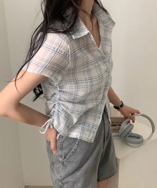 Teem Store(チームストア)の「サイドシャーリングコンパクト シアーチェック半袖シャツ(シャツ/ブラウス・レディース・ホワイト/ネイビー・F)」の8枚目の写真