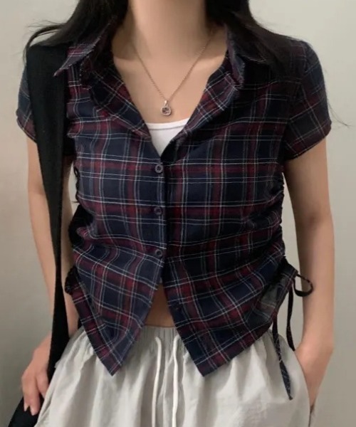 Teem Store(チームストア)の「サイドシャーリングコンパクト シアーチェック半袖シャツ(シャツ/ブラウス・レディース・ホワイト/ネイビー・F)」の17枚目の写真