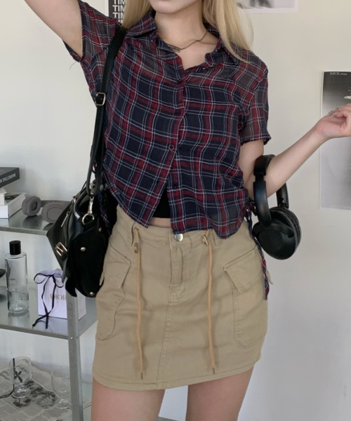 Teem Store(チームストア)の「サイドシャーリングコンパクト シアーチェック半袖シャツ(シャツ/ブラウス・レディース・ホワイト/ネイビー・F)」の19枚目の写真