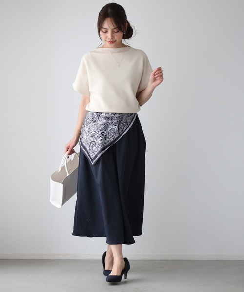 Ehre style(エーレスタイル)の「スカーフ付き着こなし3通り♪総ゴムスカート(スカート・レディース・アイボリー/ブラック/ネイビー・FREE)」の19枚目の写真