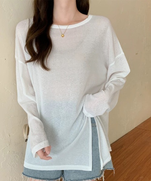COCOMOMO(ココモモ)の「サイドスリット シアートップス オーバーサイズ シアー カットソー ロンT 袖くしゅ 長袖 トップス 日焼け対策(Tシャツ/カットソー・レディース・ホワイト/グリーン/ライトグリーン/ピンク/パープル/イエロー/ブラック/ライトブルー・FREE)」の10枚目の写真