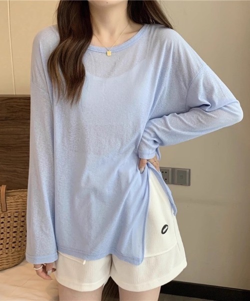 COCOMOMO(ココモモ)の「サイドスリット シアートップス オーバーサイズ シアー カットソー ロンT 袖くしゅ 長袖 トップス 日焼け対策(Tシャツ/カットソー・レディース・ホワイト/グリーン/ライトグリーン/ピンク/パープル/イエロー/ブラック/ライトブルー・FREE)」の15枚目の写真