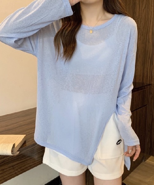 COCOMOMO(ココモモ)の「サイドスリット シアートップス オーバーサイズ シアー カットソー ロンT 袖くしゅ 長袖 トップス 日焼け対策(Tシャツ/カットソー・レディース・ホワイト/グリーン/ライトグリーン/ピンク/パープル/イエロー/ブラック/ライトブルー・FREE)」の16枚目の写真