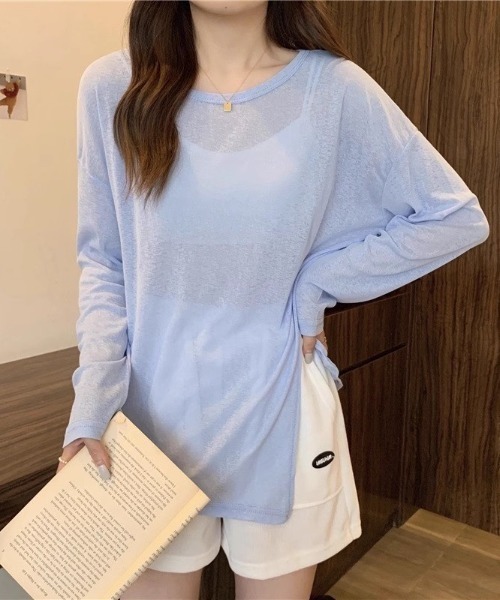 COCOMOMO(ココモモ)の「サイドスリット シアートップス オーバーサイズ シアー カットソー ロンT 袖くしゅ 長袖 トップス 日焼け対策(Tシャツ/カットソー・レディース・ホワイト/グリーン/ライトグリーン/ピンク/パープル/イエロー/ブラック/ライトブルー・FREE)」の17枚目の写真