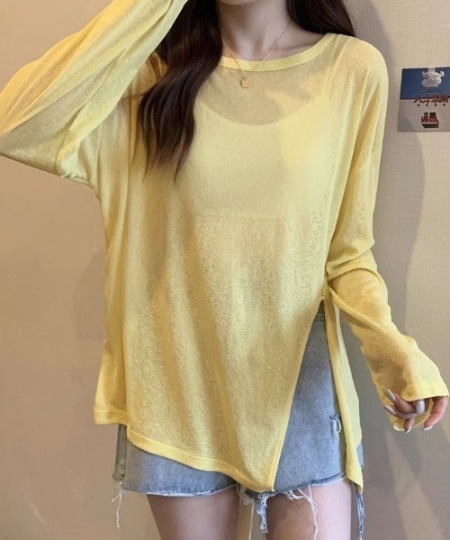 COCOMOMO(ココモモ)の「サイドスリット シアートップス オーバーサイズ シアー カットソー ロンT 袖くしゅ 長袖 トップス 日焼け対策(Tシャツ/カットソー・レディース・ホワイト/グリーン/ライトグリーン/ピンク/パープル/イエロー/ブラック/ライトブルー・FREE)」の20枚目の写真