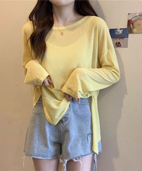 COCOMOMO(ココモモ)の「サイドスリット シアートップス オーバーサイズ シアー カットソー ロンT 袖くしゅ 長袖 トップス 日焼け対策(Tシャツ/カットソー・レディース・ホワイト/グリーン/ライトグリーン/ピンク/パープル/イエロー/ブラック/ライトブルー・FREE)」の21枚目の写真