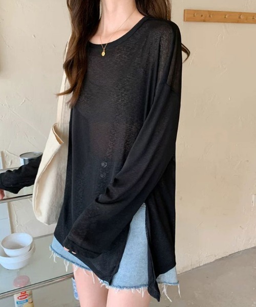 COCOMOMO(ココモモ)の「サイドスリット シアートップス オーバーサイズ シアー カットソー ロンT 袖くしゅ 長袖 トップス 日焼け対策(Tシャツ/カットソー・レディース・ホワイト/グリーン/ライトグリーン/ピンク/パープル/イエロー/ブラック/ライトブルー・FREE)」の14枚目の写真