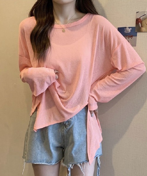 COCOMOMO(ココモモ)の「サイドスリット シアートップス オーバーサイズ シアー カットソー ロンT 袖くしゅ 長袖 トップス 日焼け対策(Tシャツ/カットソー・レディース・ホワイト/グリーン/ライトグリーン/ピンク/パープル/イエロー/ブラック/ライトブルー・FREE)」の22枚目の写真