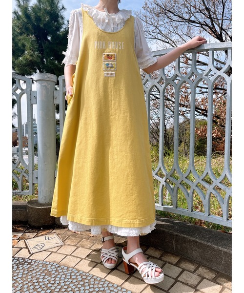 超美品 PINK HOUSE ピンクハウス デニム ジャンパースカートワッペン PINK HOUSE ピンクハウスジャンパースカートデニムワッペン