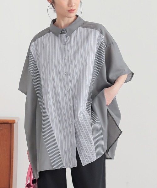n'OrLABEL(ノアールレーベル)の「切替ストライプドルマンシャツ(シャツ/ブラウス・レディース・ベージュ/ライトブルー/チャコール・FREE)」の2枚目の写真