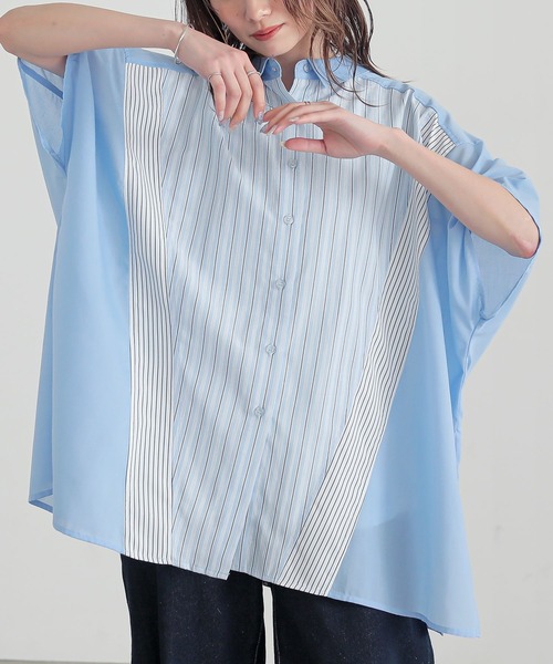 n'OrLABEL(ノアールレーベル)の「切替ストライプドルマンシャツ(シャツ/ブラウス・レディース・ベージュ/ライトブルー/チャコール・FREE)」の1枚目の写真