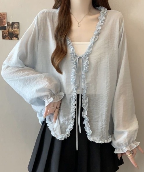 Achic(アシック)の「フリル縁シアーガーリーボレロカーディガン(シャツ/ブラウス・レディース・ホワイト/ブルー・M)」の11枚目の写真
