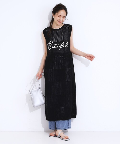 Cutie Blonde(キューティーブロンド)の「【前後2WAY】リネンライクブークレ パッチワーク風ニットワンピース(ワンピース・レディース・ブラック/ダークブラウン・03/02/01/04)」の6枚目の写真