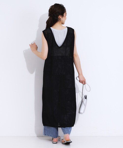 Cutie Blonde(キューティーブロンド)の「【前後2WAY】リネンライクブークレ パッチワーク風ニットワンピース(ワンピース・レディース・ブラック/ダークブラウン・03/02/01/04)」の8枚目の写真