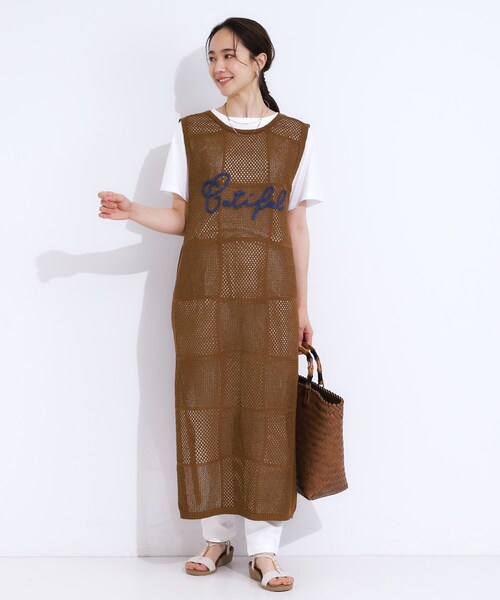 Cutie Blonde(キューティーブロンド)の「【前後2WAY】リネンライクブークレ パッチワーク風ニットワンピース(ワンピース・レディース・ブラック/ダークブラウン・03/02/01/04)」の13枚目の写真