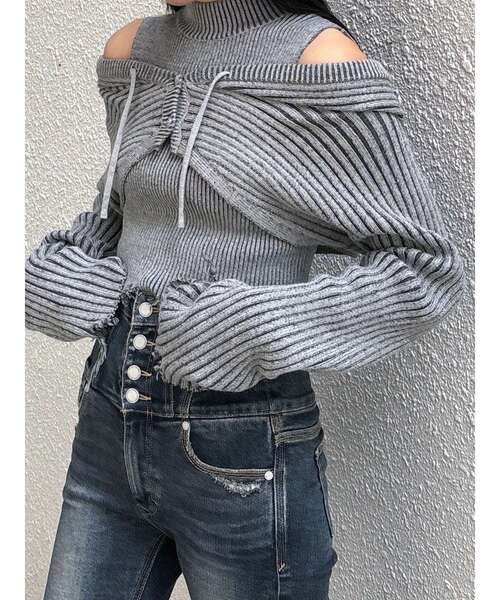 EMODA（エモダ）の「フードペアニット（ニット/セーター・レディース・グレー/カーキ/ブラック/アイボリー・FREE）」の5枚目の写真