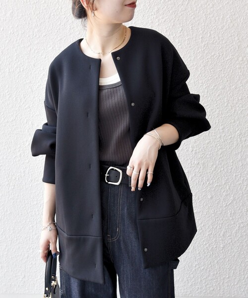 SHIPS any（シップス エニィ）の「【WEB限定】SHIPS any:〈洗濯機可能〉ダンボール コクーン ノーカラー コート（ノーカラーコート・レディース・ブラック/オリーブ/ベージュ・ONE SIZE）」の13枚目の写真