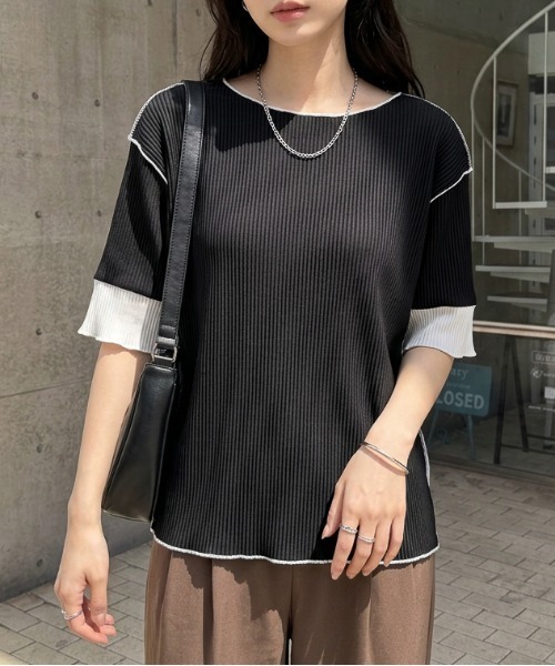 La-gemme(ラジェム)の「配色切り替えがアクセント!バイカラープリーツトップス/快適素材/ストレスフリー(Tシャツ/カットソー・レディース・ブラウン/ブラック/グリーン/オレンジ/アイボリー/ネイビー/ライトグレー・フリー)」の20枚目の写真