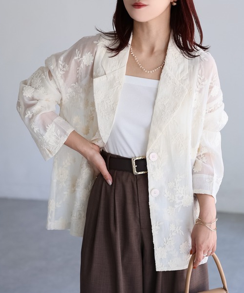 セール】花柄刺繍シアーテーラードジャケット（テーラード