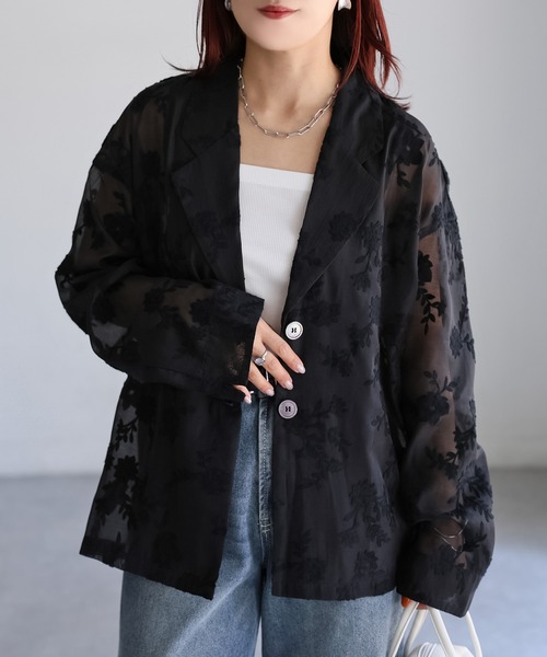 セール】花柄刺繍シアーテーラードジャケット（テーラード